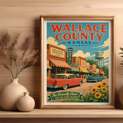 Retro Wallace County, Kansas travel poster featuring Sharon Springs.