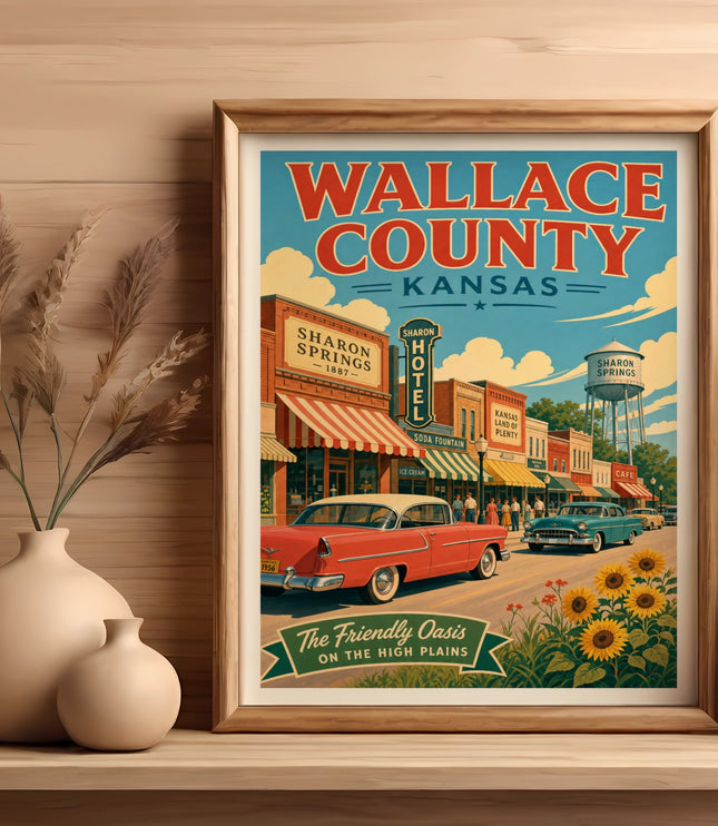 Retro Wallace County, Kansas travel poster featuring Sharon Springs.