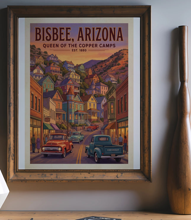 Poster of Bisbee, Arizona, queen of the copper camps, with vintage trucks.