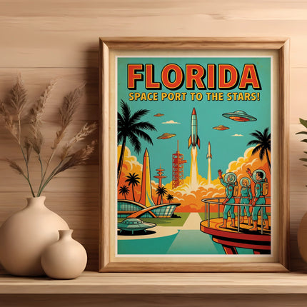Retro Florida Space Port to the Stars poster in a wooden frame.