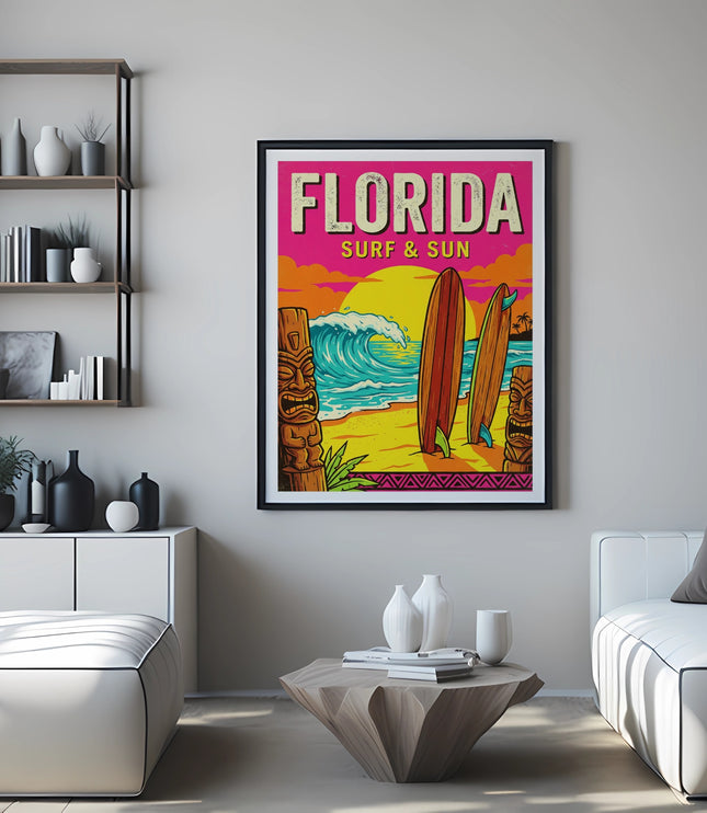 Framed Florida Surf & Sun poster with surfboards, tiki, and ocean waves.