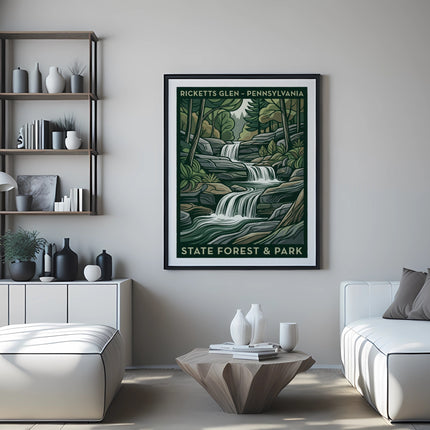 Framed poster of Ricketts Glen State Park waterfall and forest landscape.