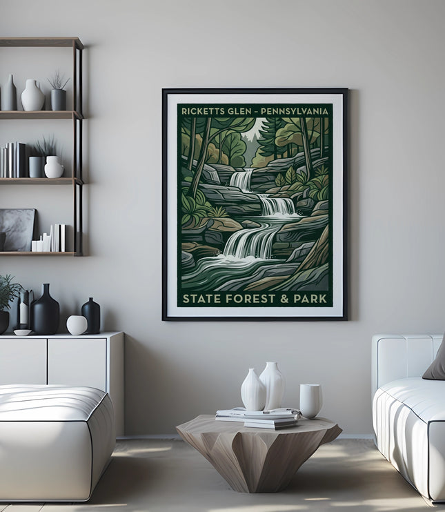 Framed poster of Ricketts Glen State Park waterfall and forest landscape.