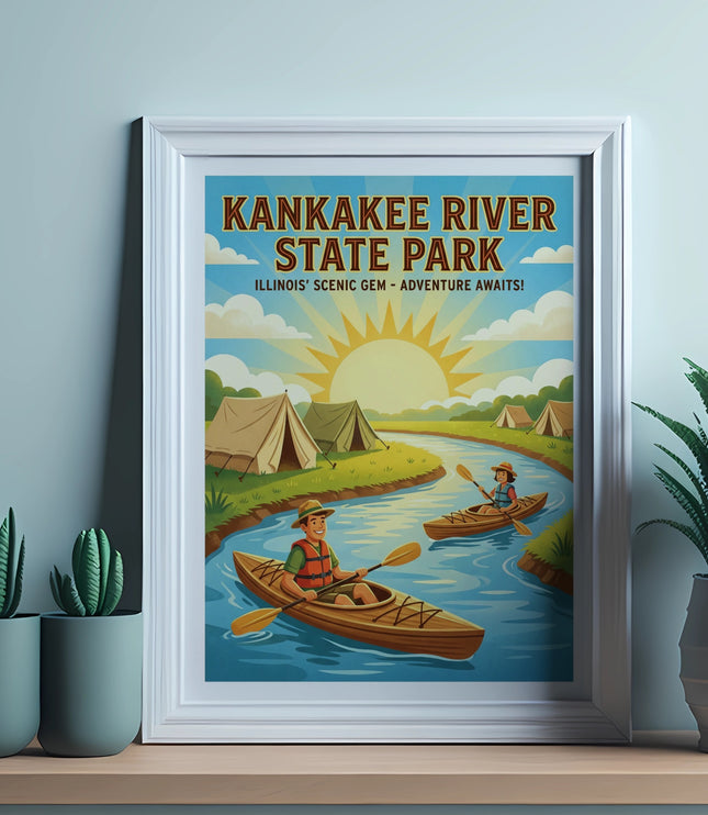 Framed poster of Kankakee River State Park with kayakers and tents.