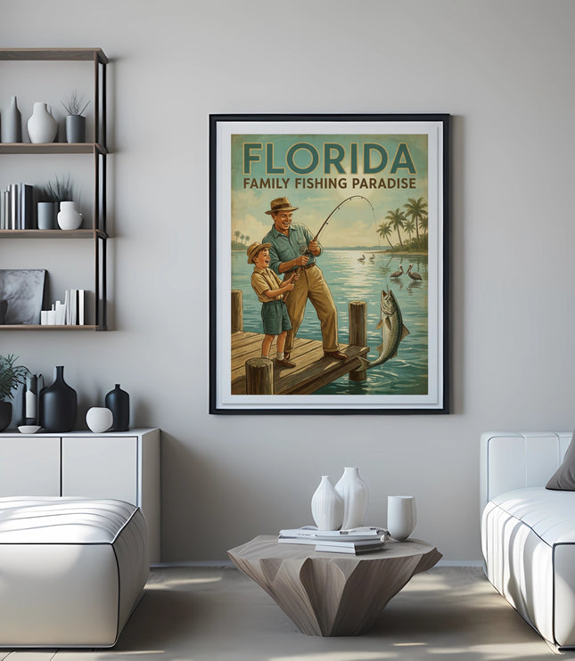 Florida Family Fishing Paradise vintage poster of father and son fishing.