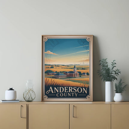 Framed art print of Anderson County with a church and fields.
