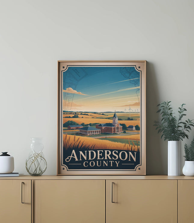 Framed art print of Anderson County with a church and fields.