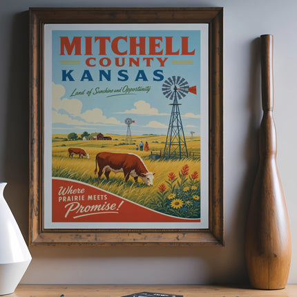 Vintage Mitchell County, Kansas travel poster with windmills and cattle.