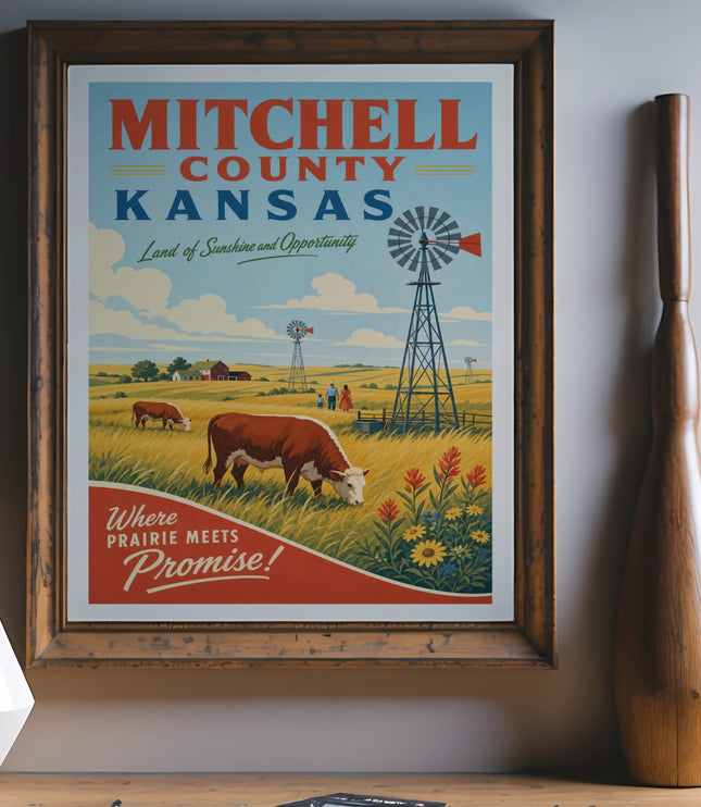 Vintage Mitchell County, Kansas travel poster with windmills and cattle.