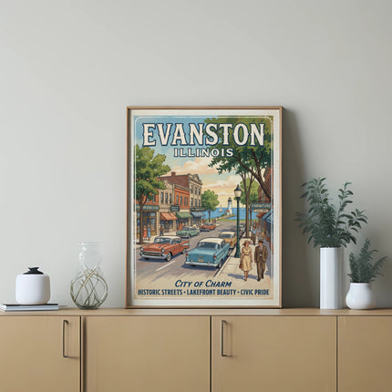 Vintage Evanston Illinois travel poster showing a street scene with shops and cars.