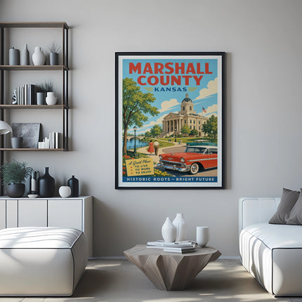 Vintage poster for Marshall County, Kansas, featuring a red car and courthouse.