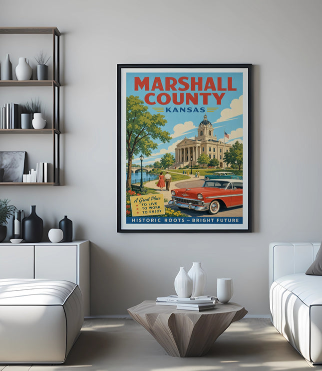 Vintage poster for Marshall County, Kansas, featuring a red car and courthouse.