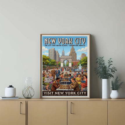 New York City travel poster with people playing chess in a park.
