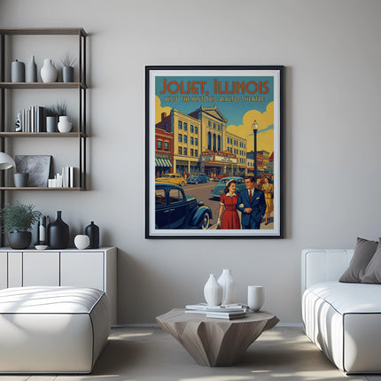 Vintage poster of Joliet, Illinois Rialto Theatre with cars and people.