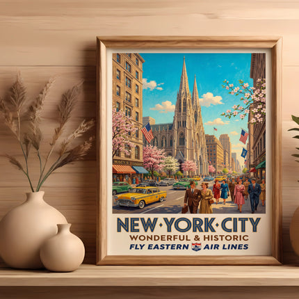 New York City poster with vintage Eastern Air Lines DC-3 plane and buildings.