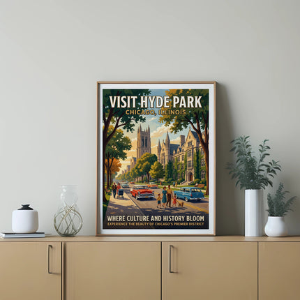 Visit Hyde Park Chicago, Illinois poster with vintage cars and architecture.