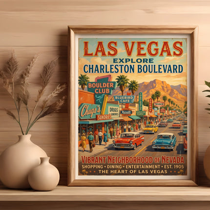 Vibrant Las Vegas Charleston Boulevard vintage travel poster with retro cars and shops.