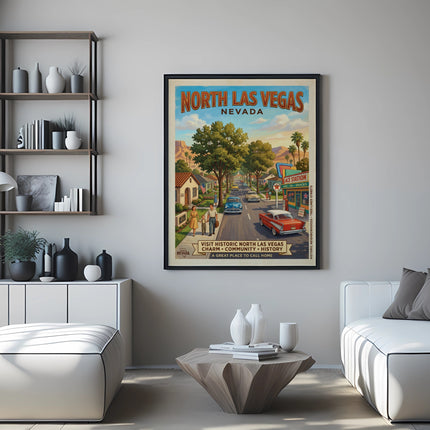 Vintage North Las Vegas Nevada travel poster featuring mid-century cars and buildings.