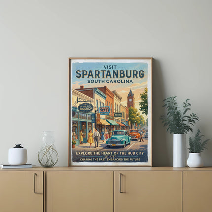 Visit Spartanburg South Carolina poster depicting a street scene with shops and cars.