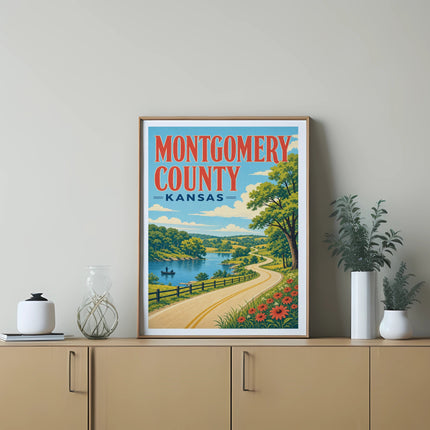 Montgomery County Kansas vintage travel poster featuring a scenic landscape.