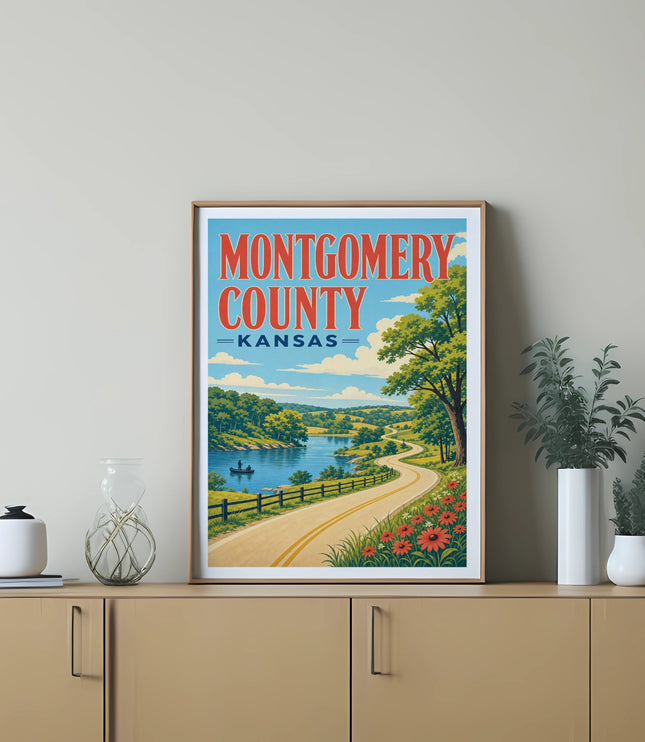 Montgomery County Kansas vintage travel poster featuring a scenic landscape.