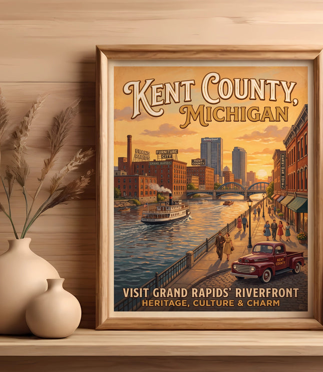 Poster of Kent County, Michigan riverfront with vintage boat, truck, and buildings.
