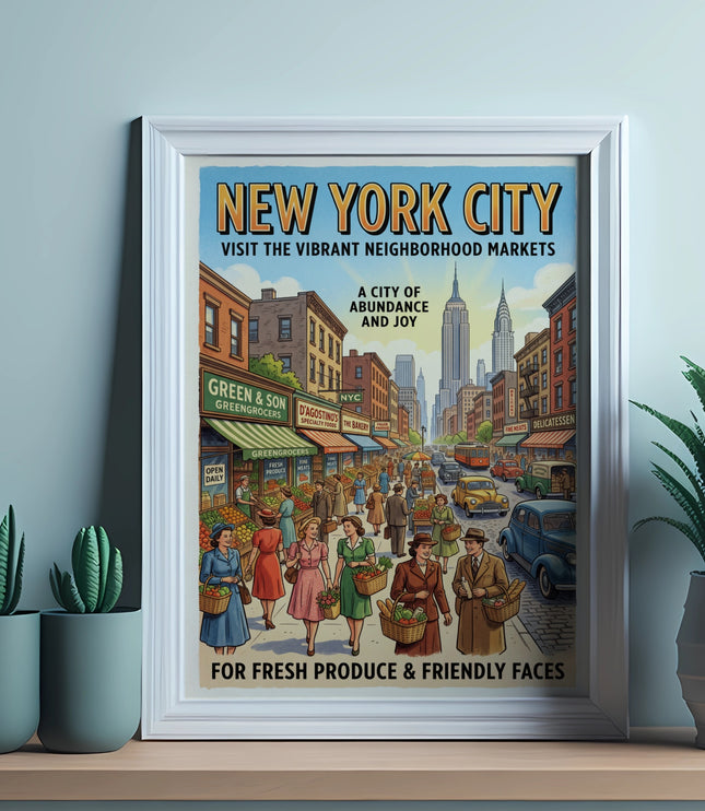 New York City poster of vibrant neighborhood markets with vintage cars and people.