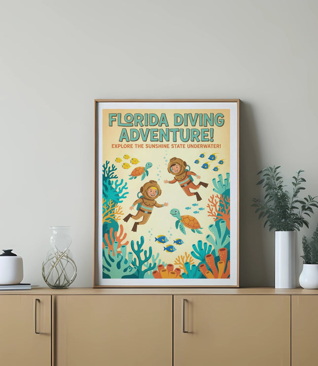 Poster: "Florida Diving Adventure! Explore the Sunshine State Underwater" with divers, turtles, and fish.