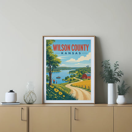 Framed vintage travel poster for Wilson County, Kansas, featuring a lake and rural landscape.