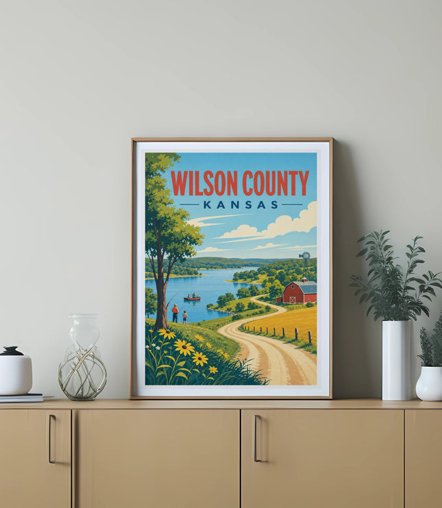 Framed vintage travel poster for Wilson County, Kansas, featuring a lake and rural landscape.