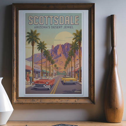 Scottsdale Arizona Desert Jewel poster with vintage cars and palm trees.