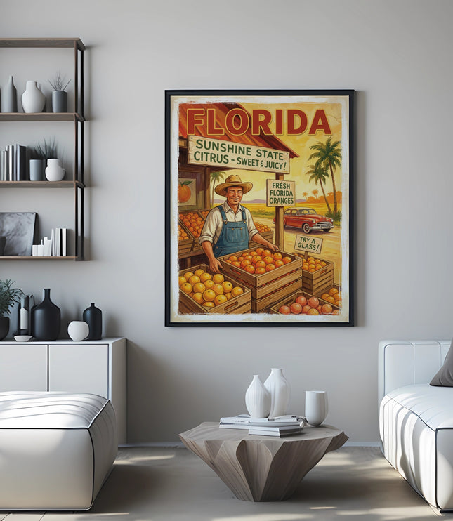 Vintage Florida oranges poster with a farmer at a fruit stand.