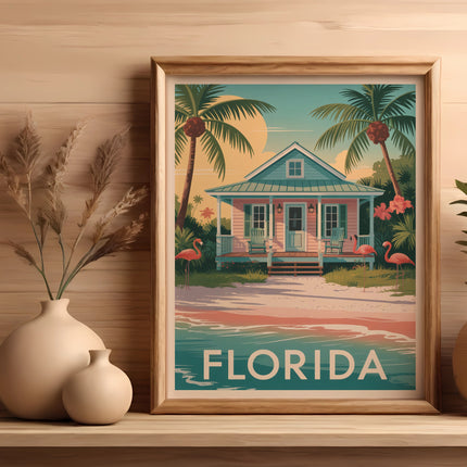 Framed artwork of a Florida beach house with flamingos and palm trees.