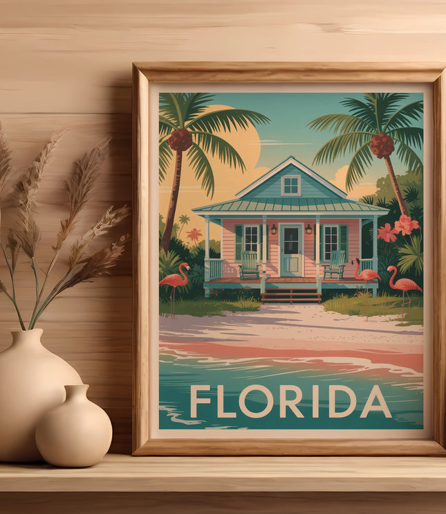 Framed artwork of a Florida beach house with flamingos and palm trees.