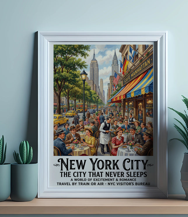 New York City poster with outdoor cafe scene, Empire State Building, and text.