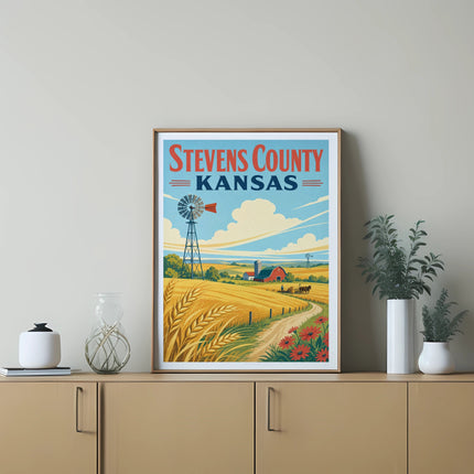 Stevens County, Kansas travel poster with windmill and wheat field.