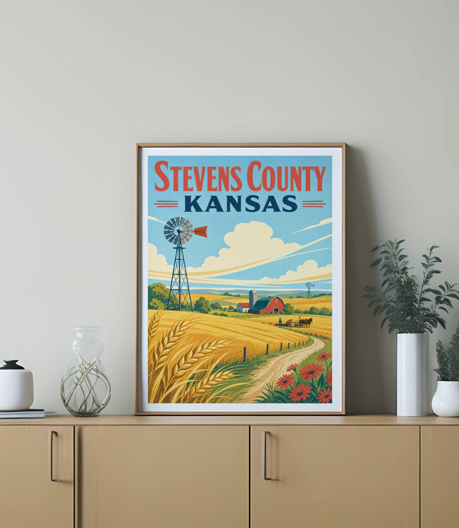 Stevens County, Kansas travel poster with windmill and wheat field.