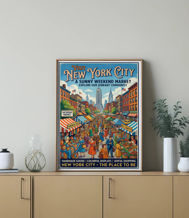 Vintage New York City poster depicting a sunny weekend market scene with people shopping.