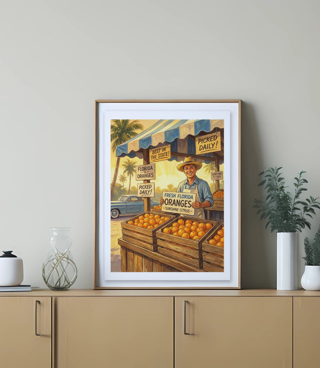 Man selling packed Florida oranges at a roadside stand, signs advertise "Fresh Florida Oranges."