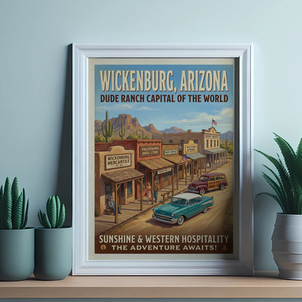 Vintage Wickenburg, Arizona dude ranch poster with western town scene and cars.