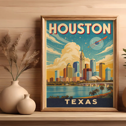 Houston Texas skyline with palm trees and a rocket in the sky.