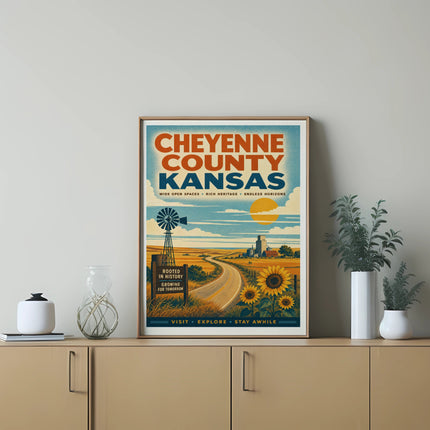 Cheyenne County Kansas vintage travel poster with sunflowers and windmill.