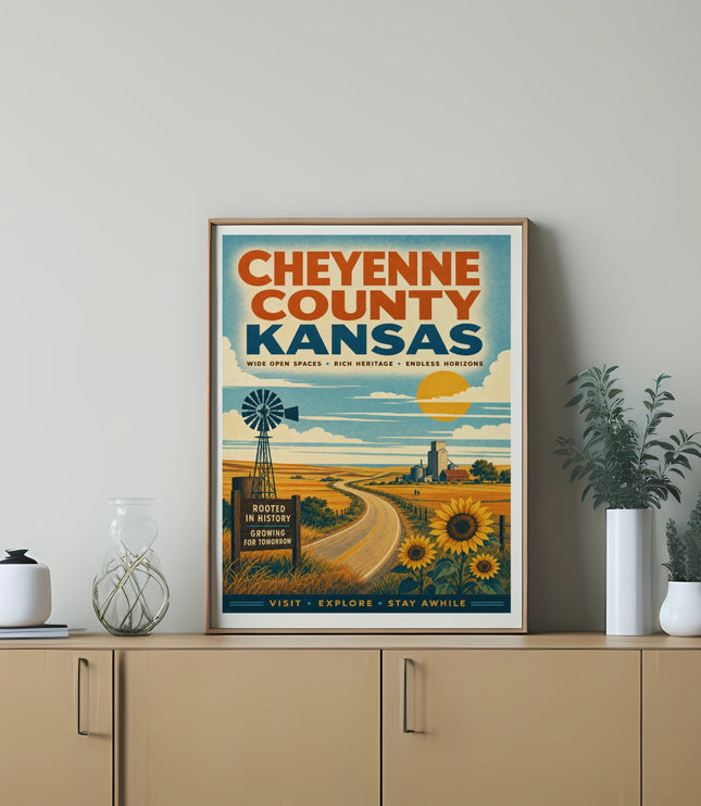 Cheyenne County Kansas vintage travel poster with sunflowers and windmill.