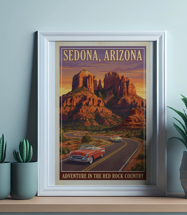 Sedona, Arizona poster with red rock formations and vintage cars on a winding road.