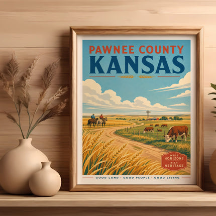 Pawnee County Kansas vintage travel poster with rural landscape and text.