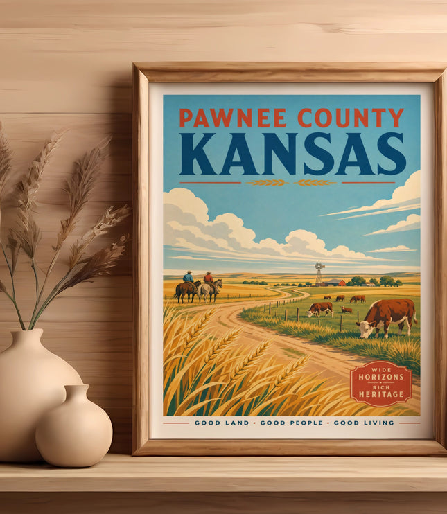 Pawnee County Kansas vintage travel poster with rural landscape and text.
