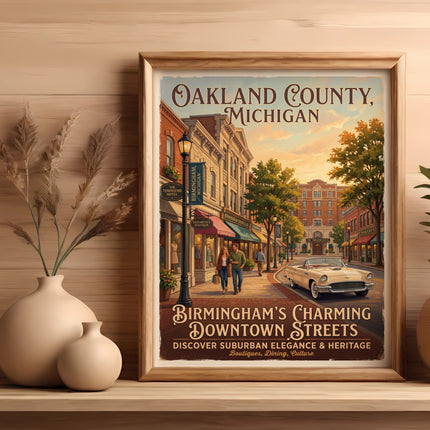 Framed artwork: Oakland County, Michigan, Birmingham's charming downtown streets.