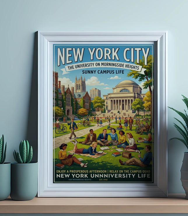 New York City poster depicting university campus life with students relaxing and studying.
