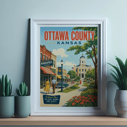 Ottawa County, Kansas vintage travel poster featuring Minneapolis.