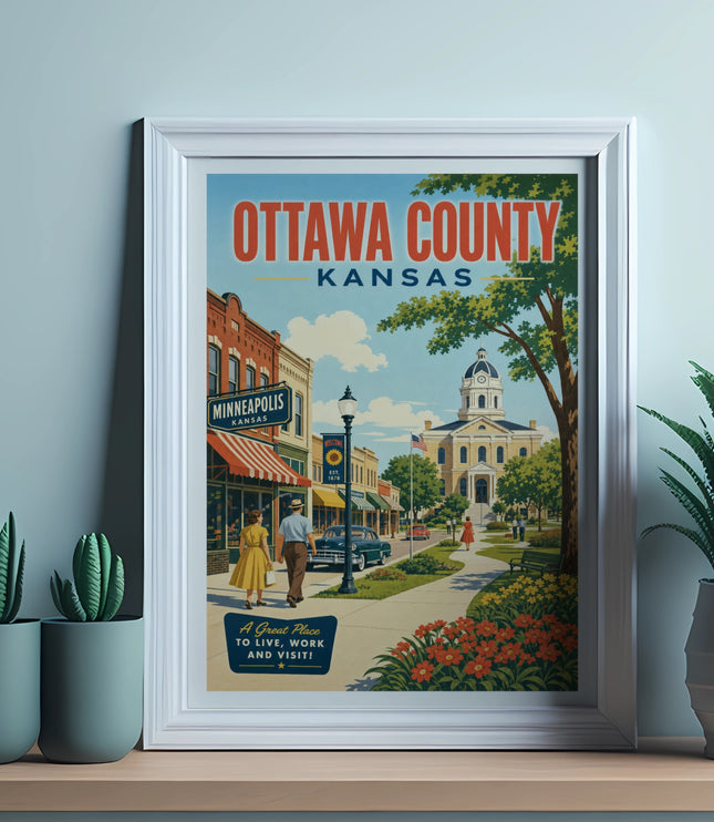 Ottawa County, Kansas vintage travel poster featuring Minneapolis.